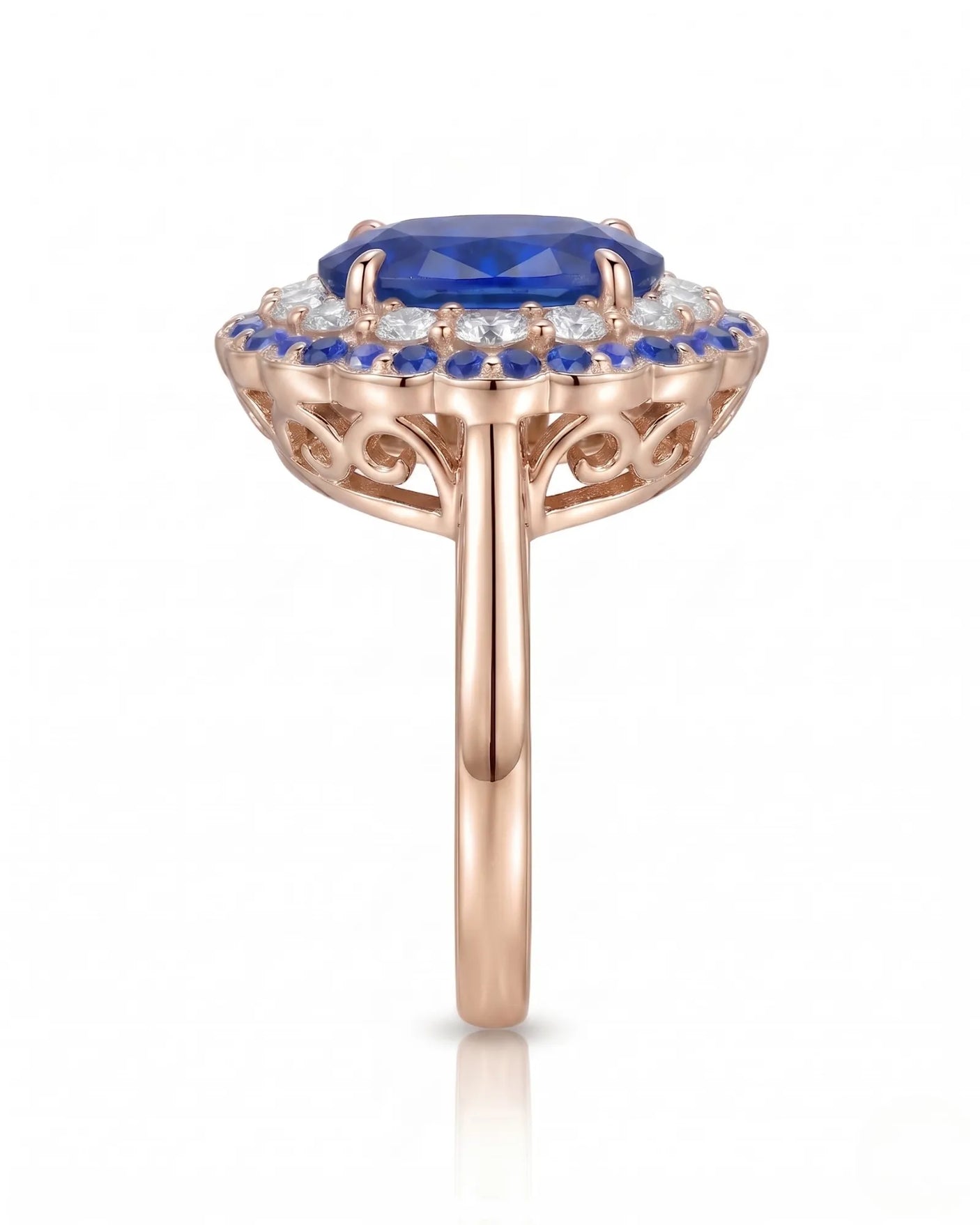 Floral sapphire ring with round diamond halo and blue sapphire border in 18K rose gold | SARATTI