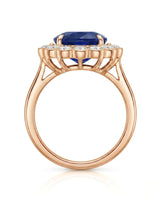 Floral sapphire ring with scalloped diamond halo in romantic 18K rose gold | SARATTI
