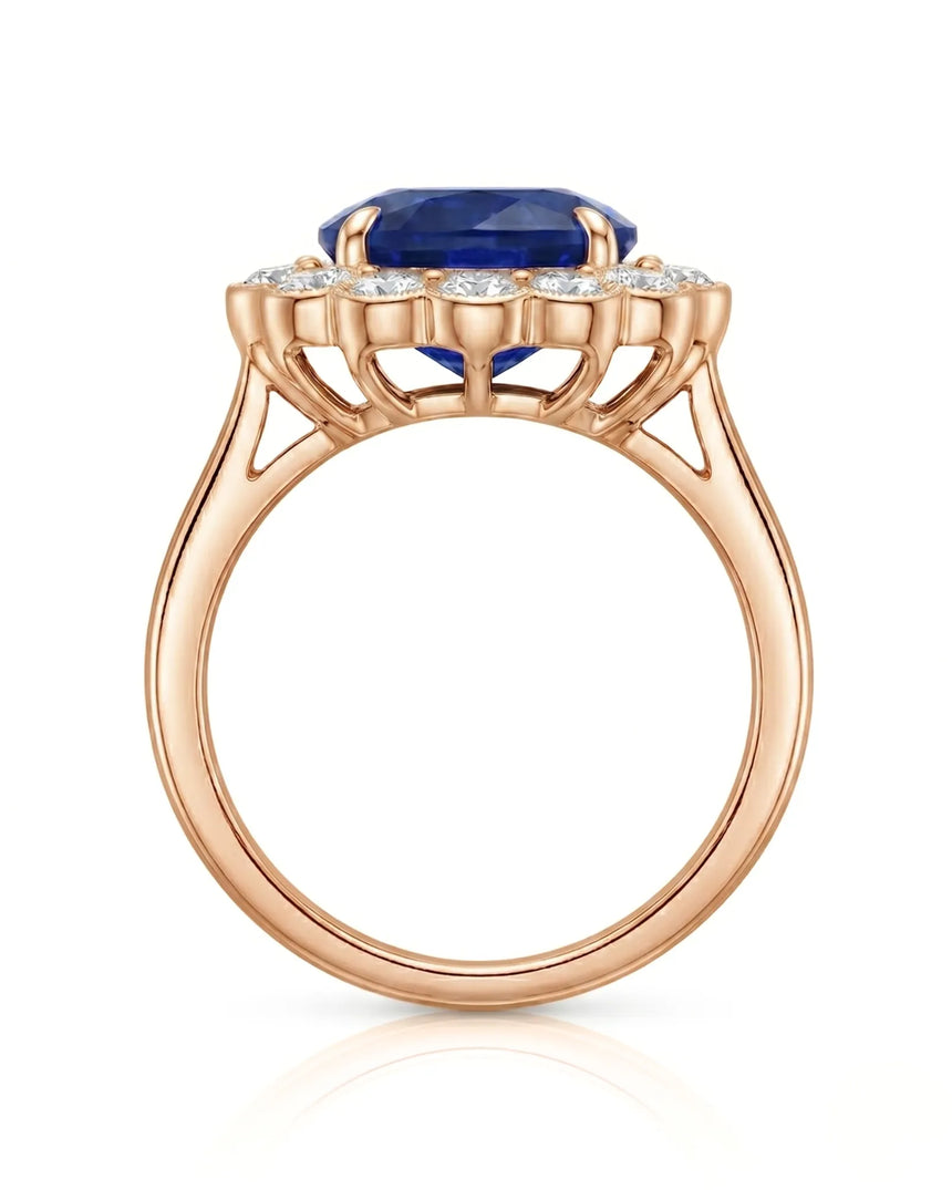 Floral sapphire ring with scalloped diamond halo in romantic 18K rose gold | SARATTI
