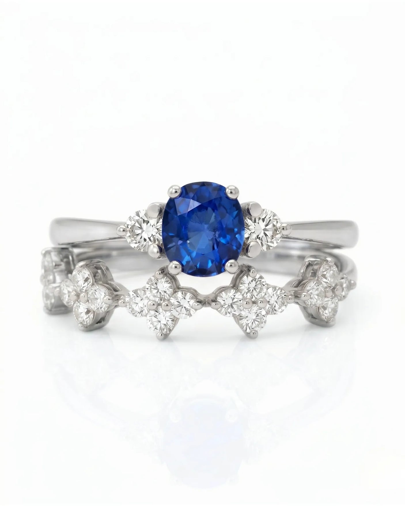 Floral sapphire wedding ring set with round diamond accents in enduring platinum | SARATTI