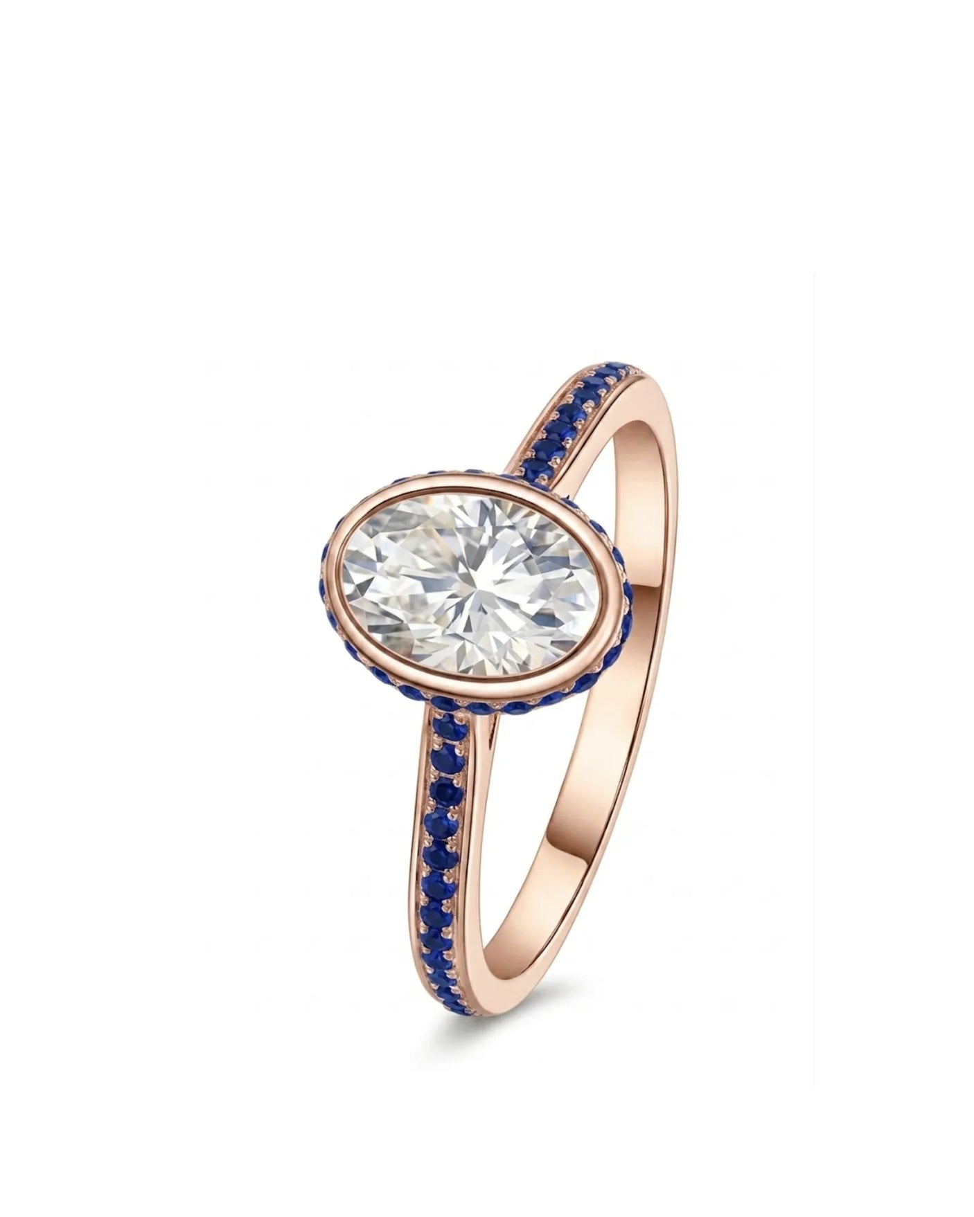 Freya oval natural diamond engagement ring with blue sapphire halo and band in 18K rose gold | SARATTI