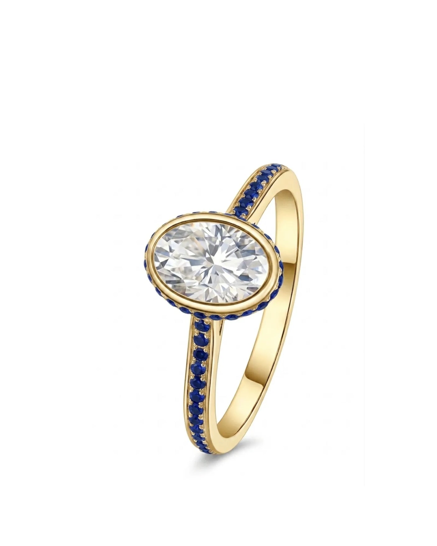Freya oval natural diamond engagement ring with blue sapphire halo and band in 18K yellow gold | SARATTI