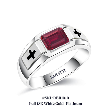 18K White Gold or Platinum Natural Ruby Ring with Cross | Men Ring | SARATTI
