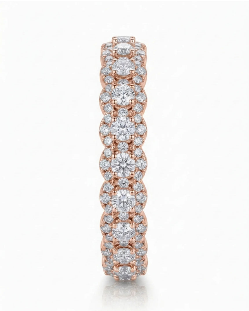 Full eternity round diamond ring with accent diamond detailing in polished 18K rose gold SARATTI