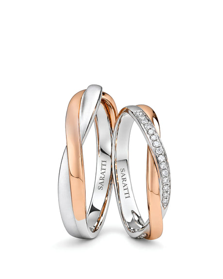 Fusion two tone natural diamond wedding set with elegant matching bands in 18K two tone gold | SARATTI
