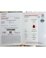 GFCO Certified Natural Burmese Ruby measuring 6.52 × 5.24 × 3.87 mm with defined pear-shaped outline | SARATTI