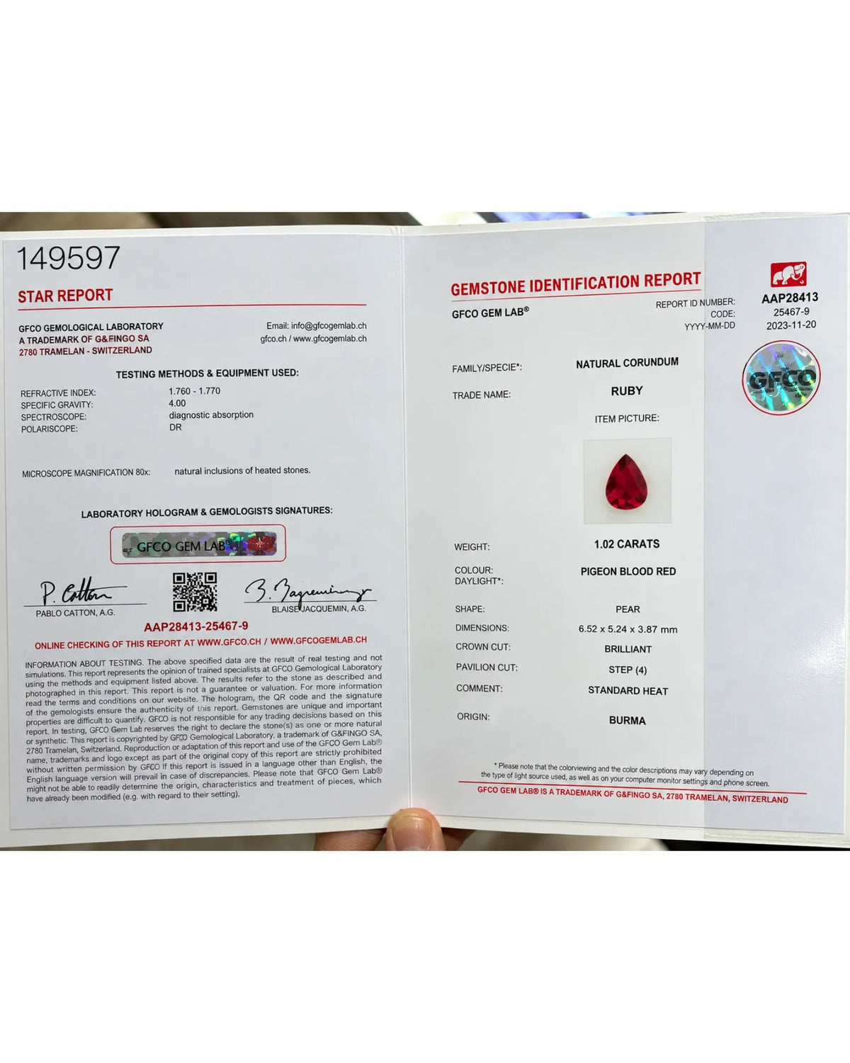 GFCO Certified Natural Burmese Ruby measuring 6.52 × 5.24 × 3.87 mm with defined pear-shaped outline | SARATTI