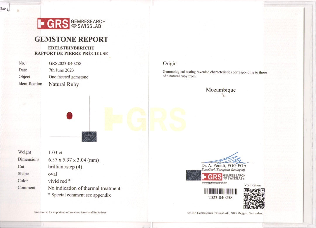 GRS Certificate For Oval Cut Mozambique Ruby Gem | Saratti