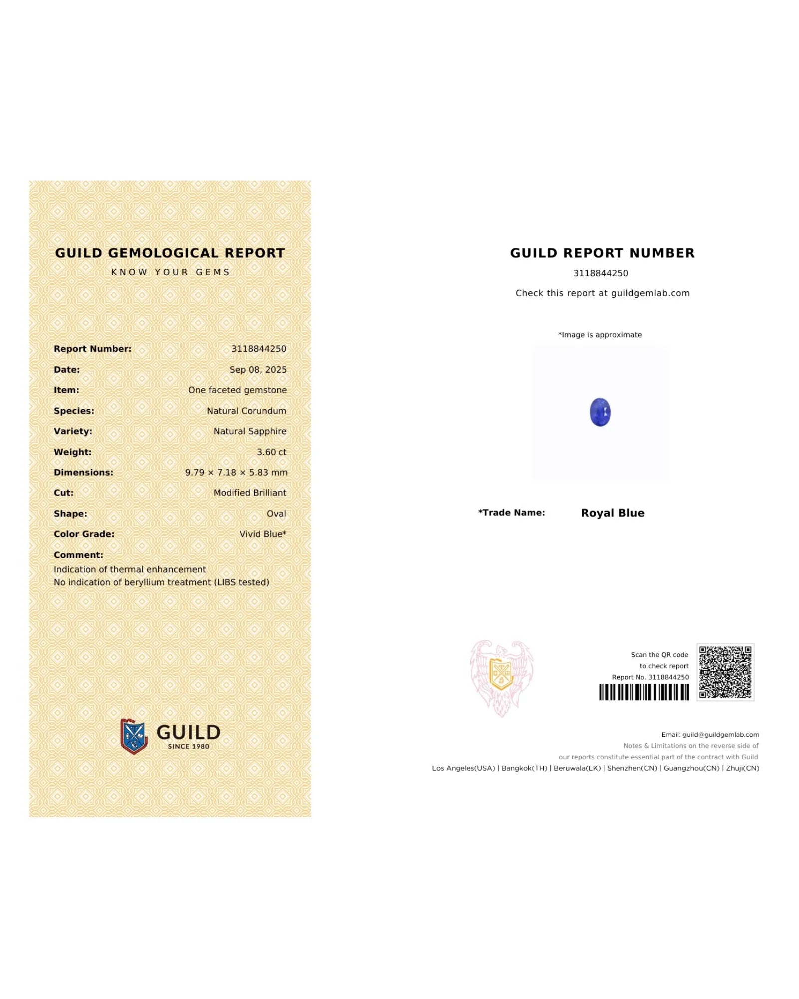 GUILD Certidied 3.60ct Natural Royal Blue Sapphire oval loose gemstone on display surface | SARATT