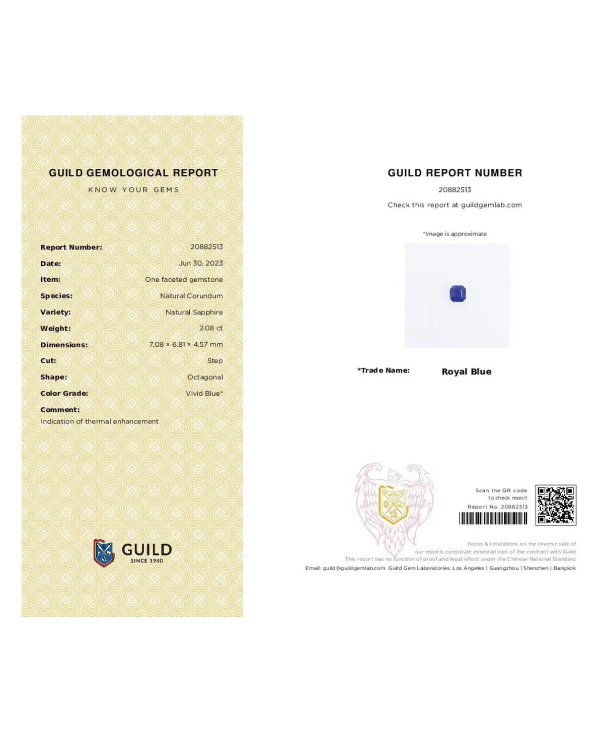 GUILD Certificate Natural Royal Blue Sapphire octagonal gemstone side profile 7.08x6.81x4.57mm | SARATTI