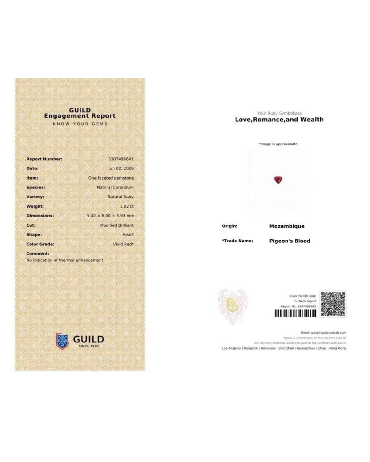 GUILD Certified 1.02 CTS Natural Ruby heart centre stone displaying its elongated proportions and faceting | SARATTI