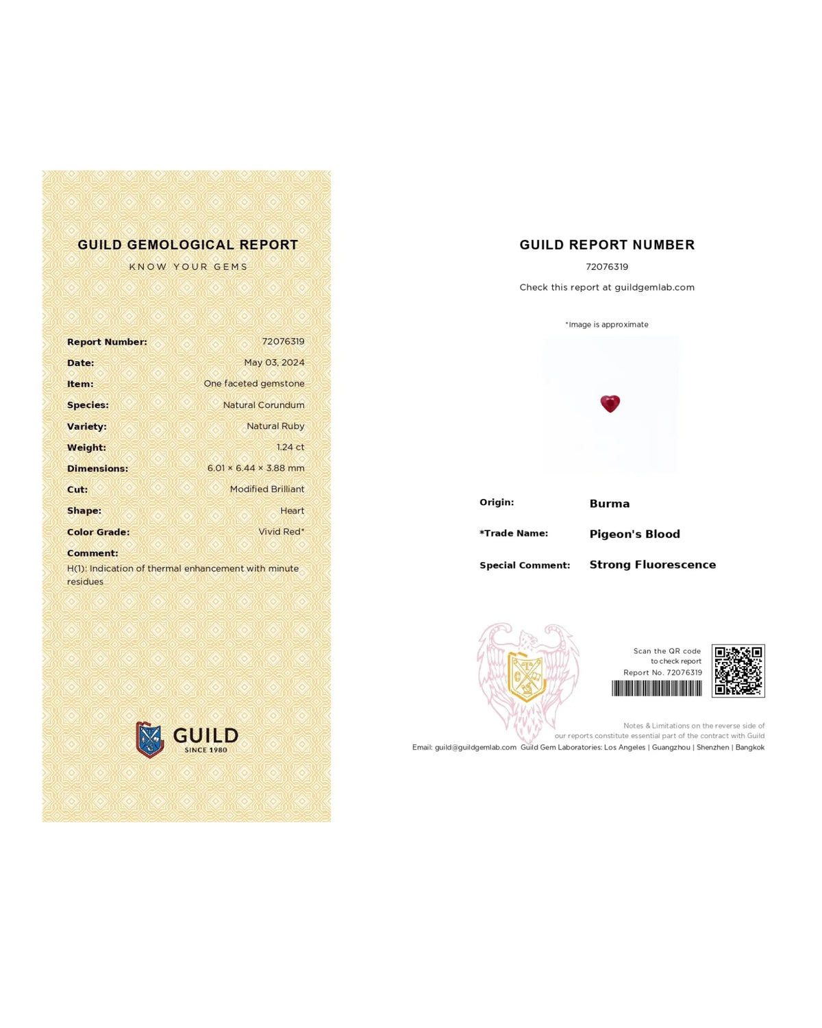 GUILD Certified Natural Burmese Ruby measuring 6.01 × 6.44 × 3.88 mm with a defined heart-shaped outline | SARATTI
