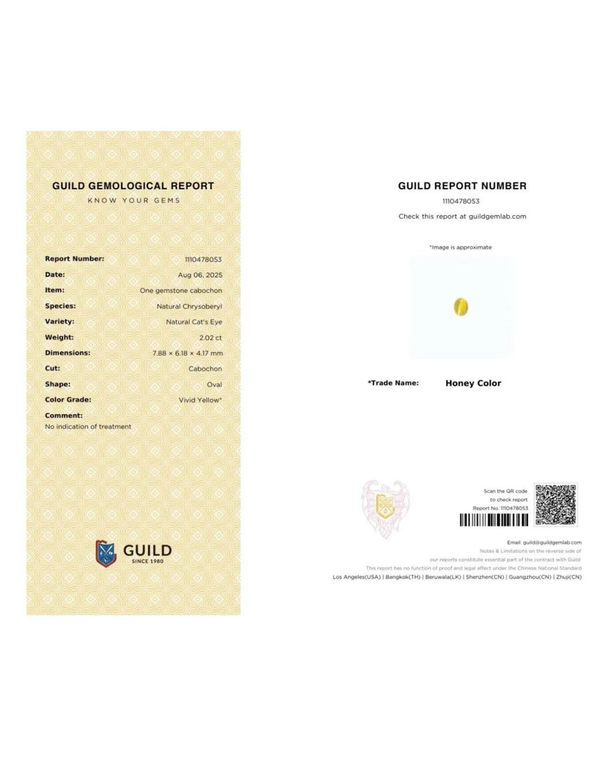 GUILD Certified 2.02 carat Natural Cat's Eye Chrysoberyl oval loose gemstone | SARATTI