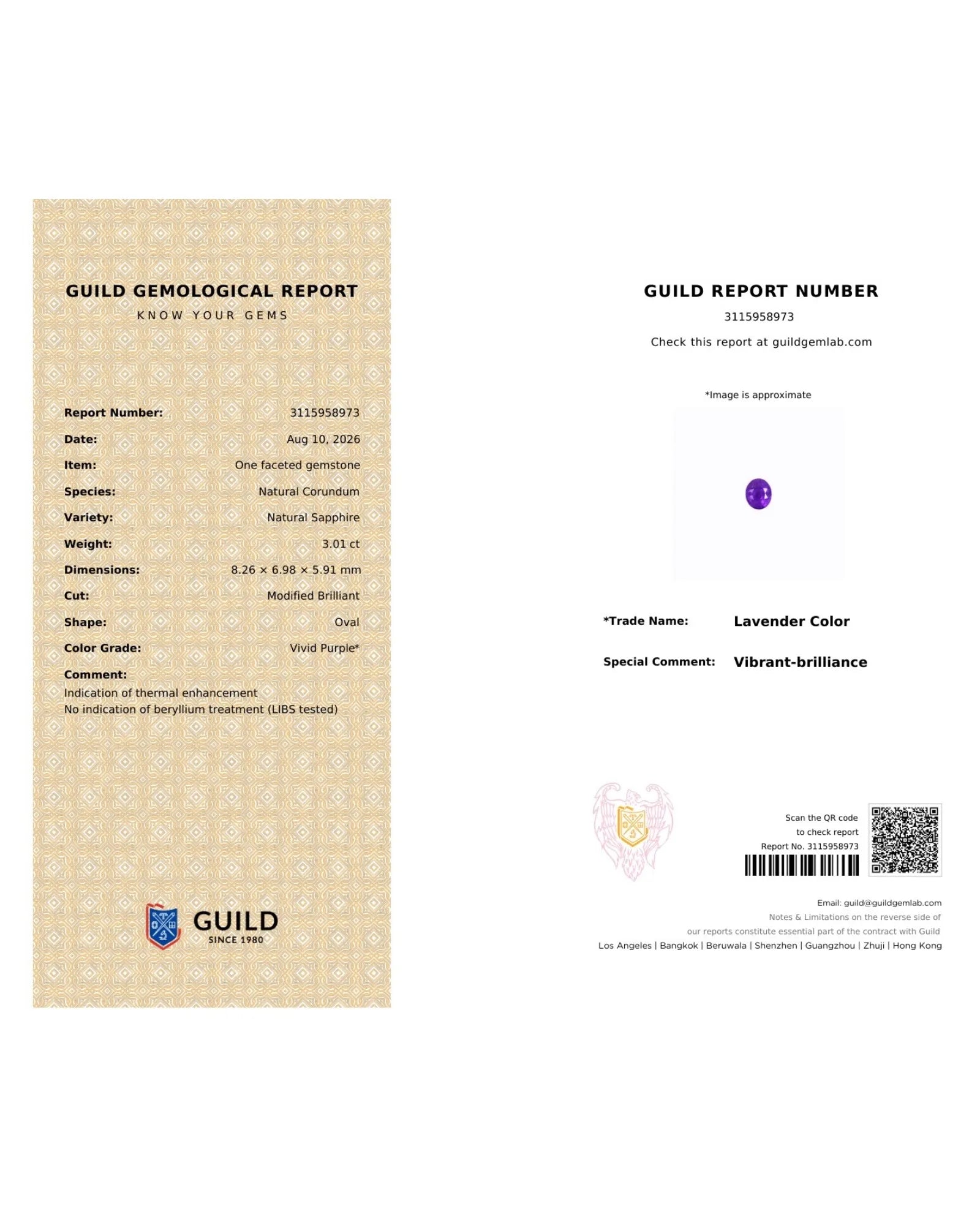 GUILD Certified Natural Lavender Sapphire 3.01ct Oval 8.26 x 6.98 x 5.91 mm | SARATTI