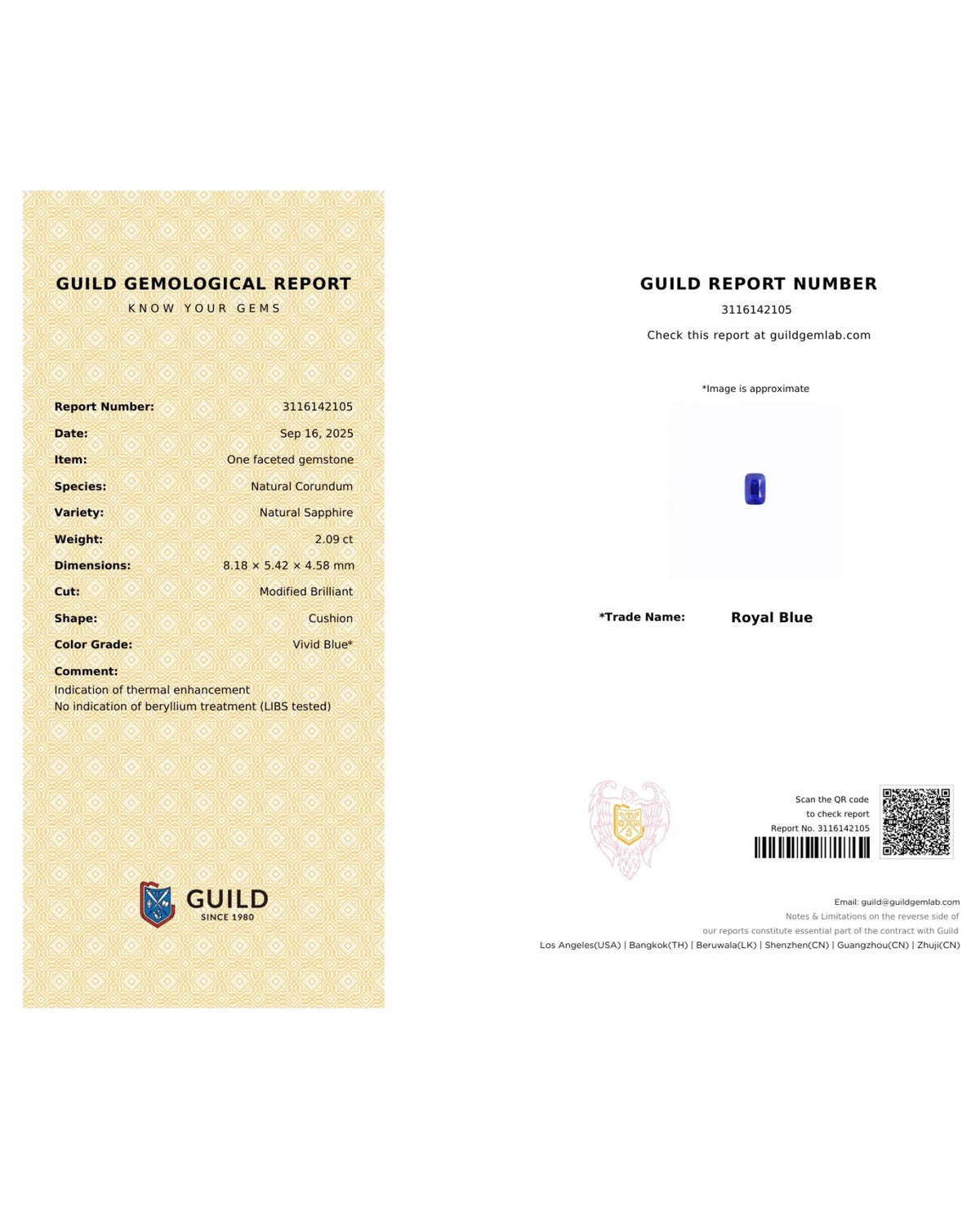 GUILD Certified Natural Royal Blue Sapphire cushion gemstone side profile 8.18x5.42x4.58mm | SARATTI
