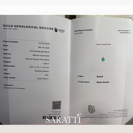 GUILD Paraiba Tourmaline Gemstone Certificate - SARATTI