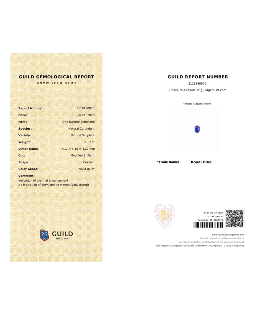 GUILD certified 1.52ct Natural Royal Blue Sapphire loose Cushion | SARATTI
