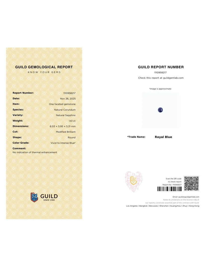 GUILD certified 1.61ct Unheated Natural Royal Blue Sapphire loose Round gemstone | SARATTI