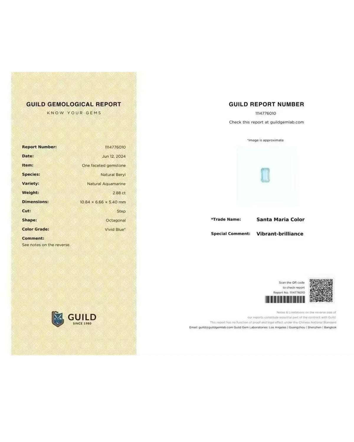 GUILD certified Santa Maria Aquamarine report 1114776010 | SARATTI