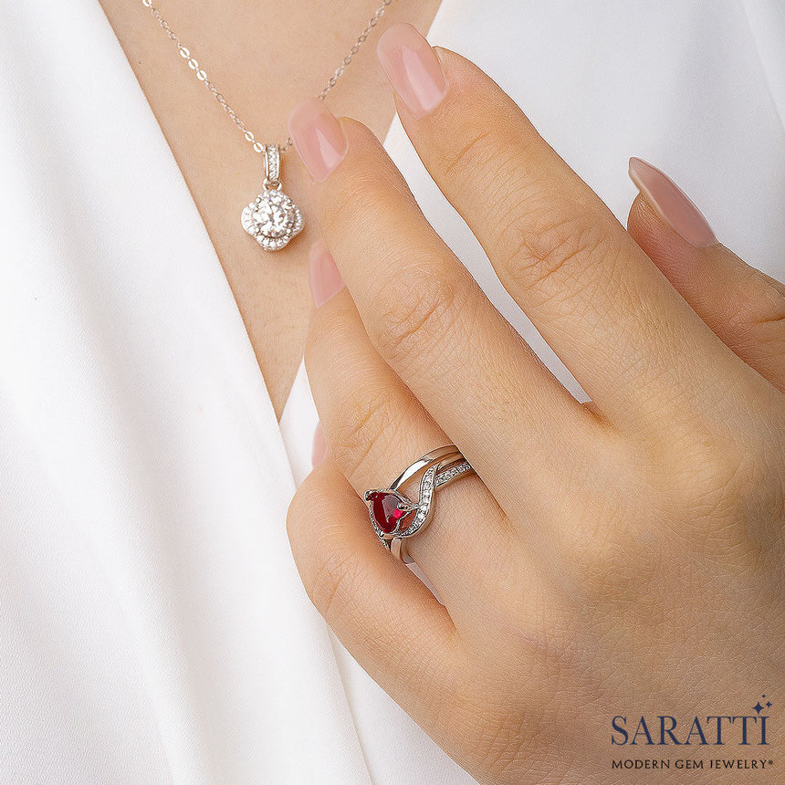 Side Shot of the Model Wearing the Amore Granato Gold Garnet Ring | Saratti Fine Jewelry 