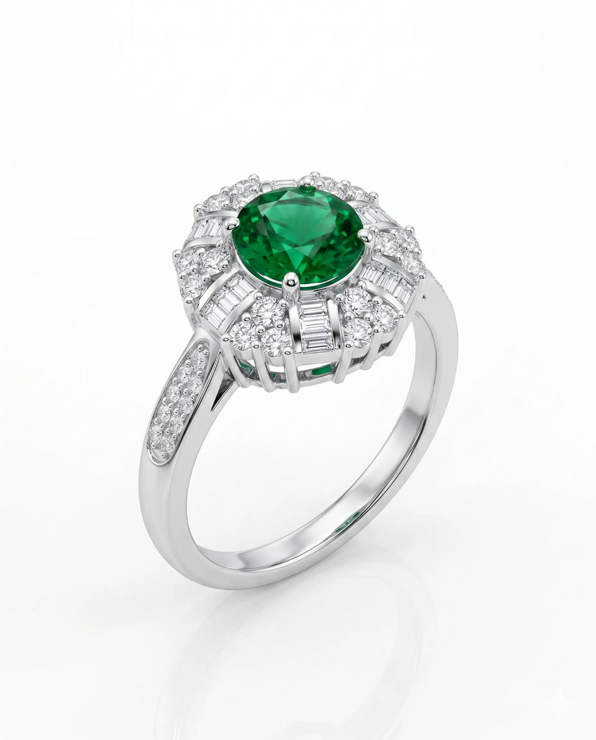 Round emerald birthstone ring with diamonds in 18K white gold | SARATTI