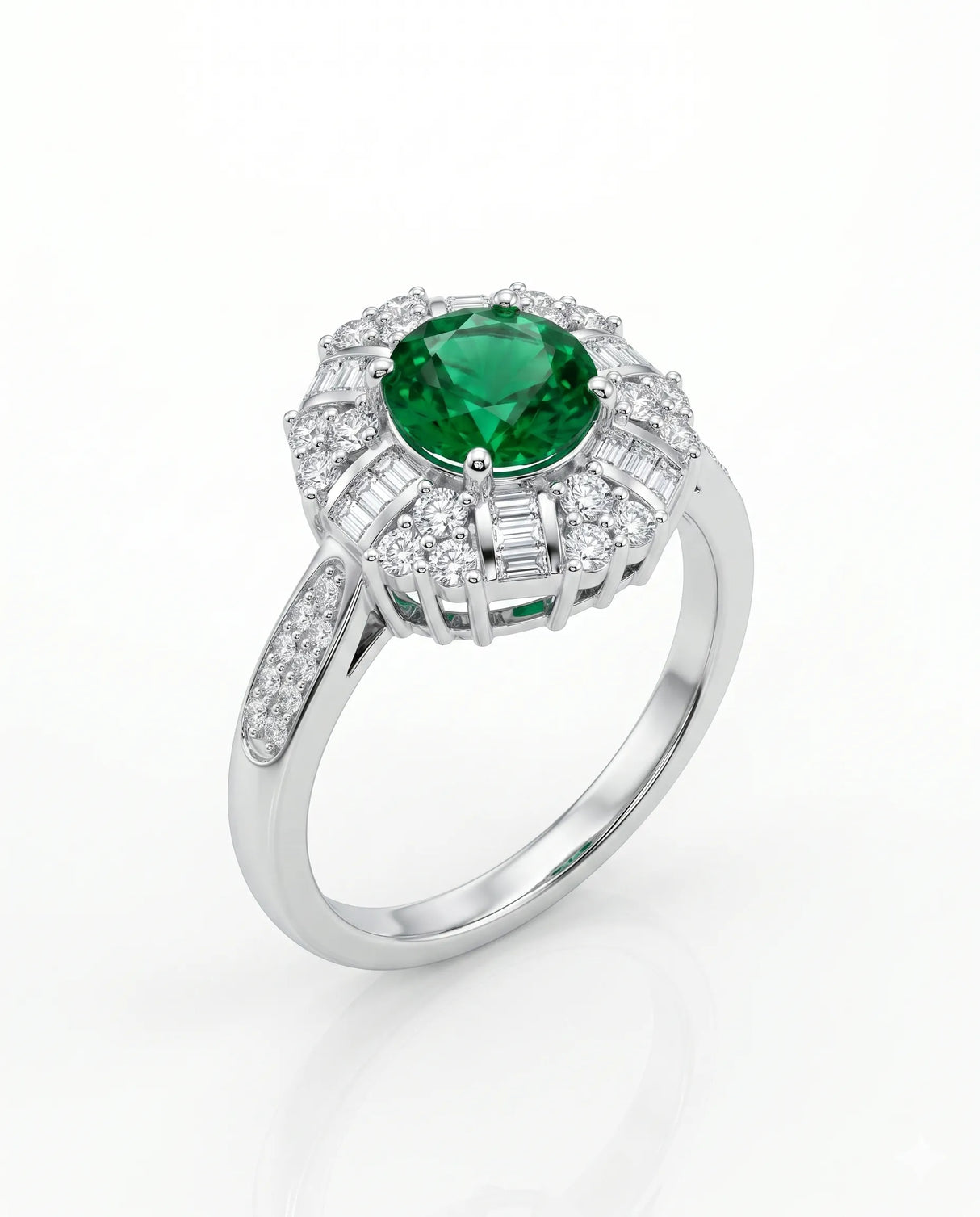 Round emerald birthstone ring with diamonds in 18K white gold | SARATTI
