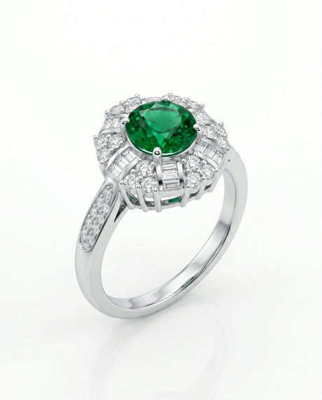 Round emerald birthstone ring with diamonds in 18K white gold | SARATTI
