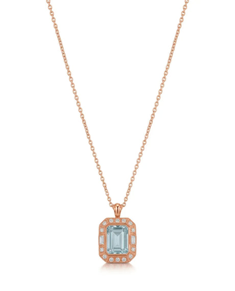 Emerald cut Aquamarine diamond accent necklace setting in Yellow Gold front view | SARATTI