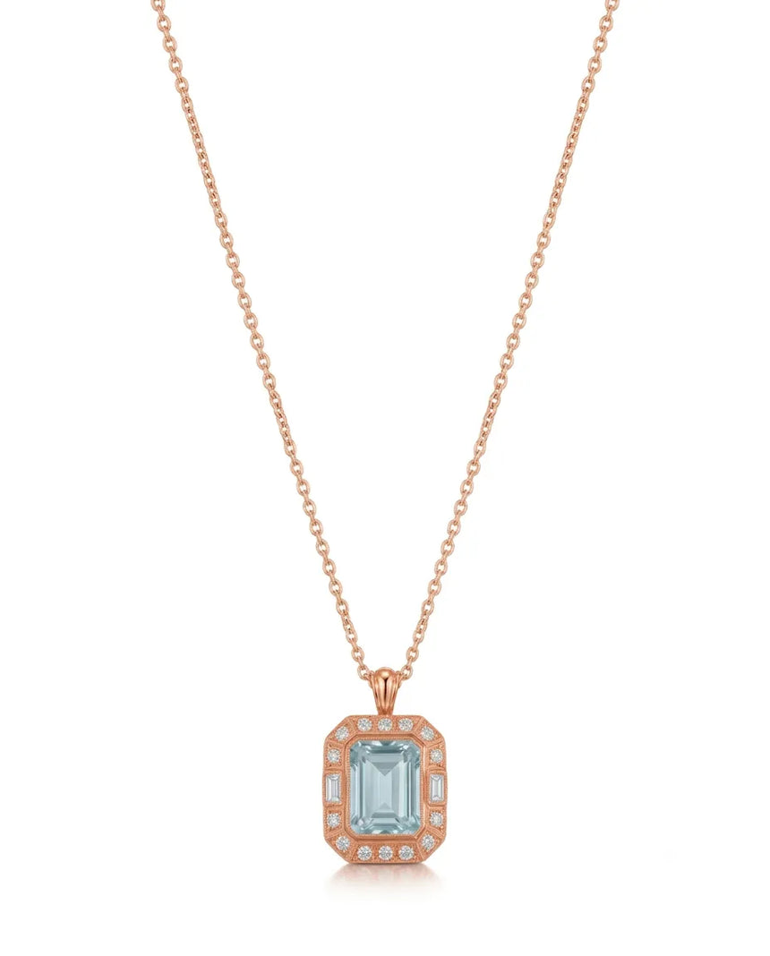 Emerald cut Aquamarine diamond accent necklace setting in Yellow Gold front view | SARATTI