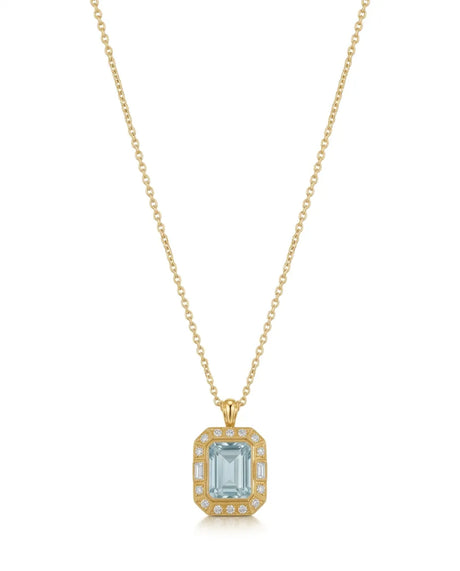 Emerald cut Aquamarine diamond accent necklace setting in White Gold front view | SARATTI