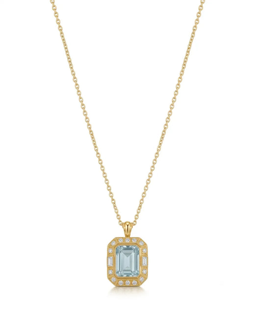 Emerald cut Aquamarine diamond accent necklace setting in White Gold front view | SARATTI