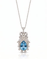 Pear cut Aquamarine vintage floral diamond necklace setting in White Gold front view | SARATTI