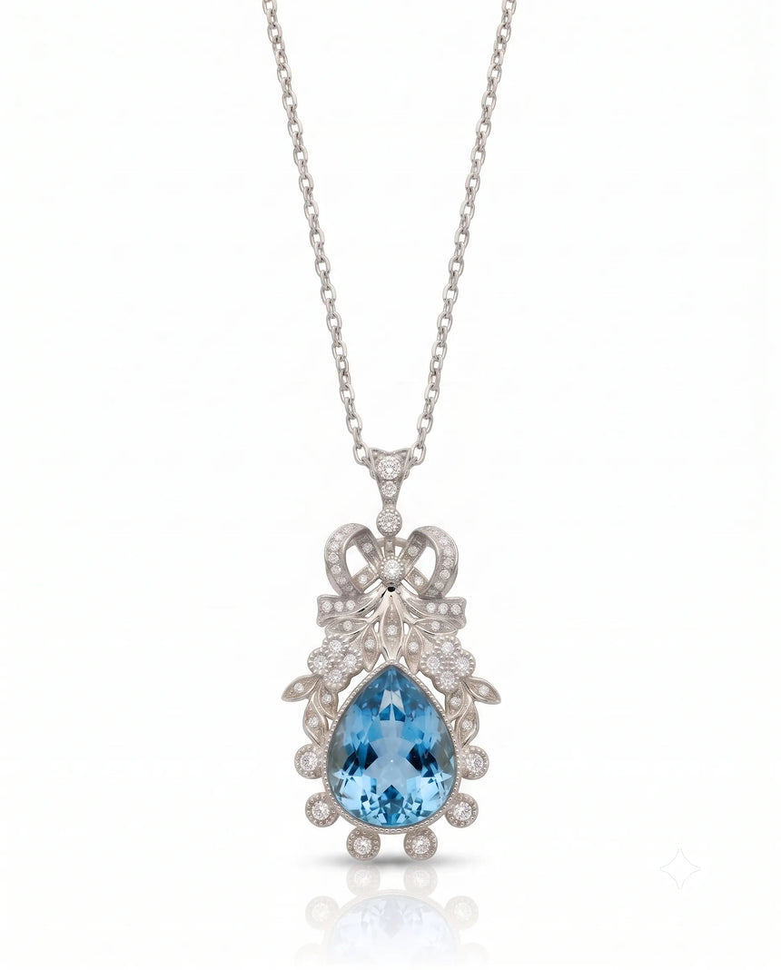 Pear cut Aquamarine vintage floral diamond necklace setting in White Gold front view | SARATTI