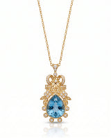 Pear cut Aquamarine vintage floral diamond necklace setting in Yellow Gold front view | SARATTI