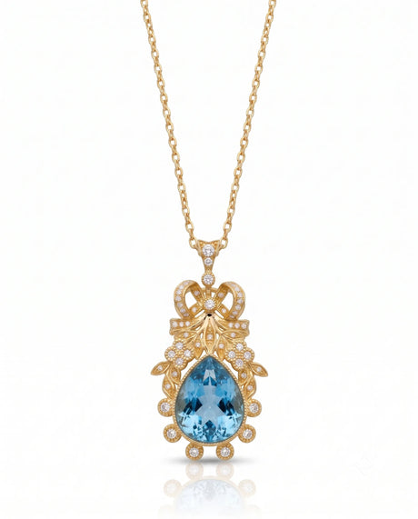 Pear cut Aquamarine vintage floral diamond necklace setting in Yellow Gold front view | SARATTI