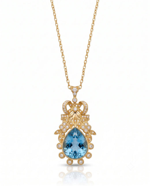 Pear cut Aquamarine vintage floral diamond necklace setting in Yellow Gold front view | SARATTI