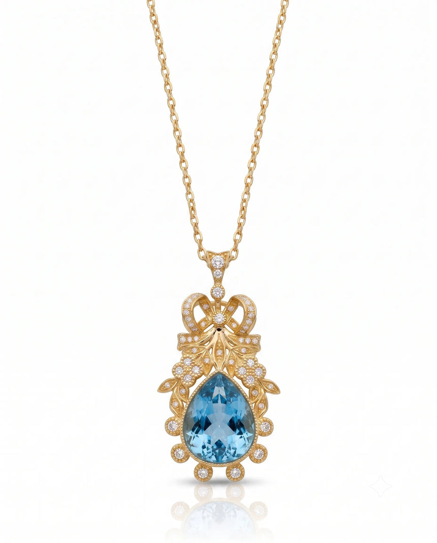 Pear cut Aquamarine vintage floral diamond necklace setting in Yellow Gold front view | SARATTI