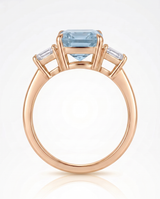 Three stone emerald cut Aquamarine ring setting in 18K Rose Gold with diamond accents | SARATTI