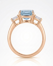 Three stone emerald cut Aquamarine ring setting in 18K Rose Gold with diamond accents | SARATTI