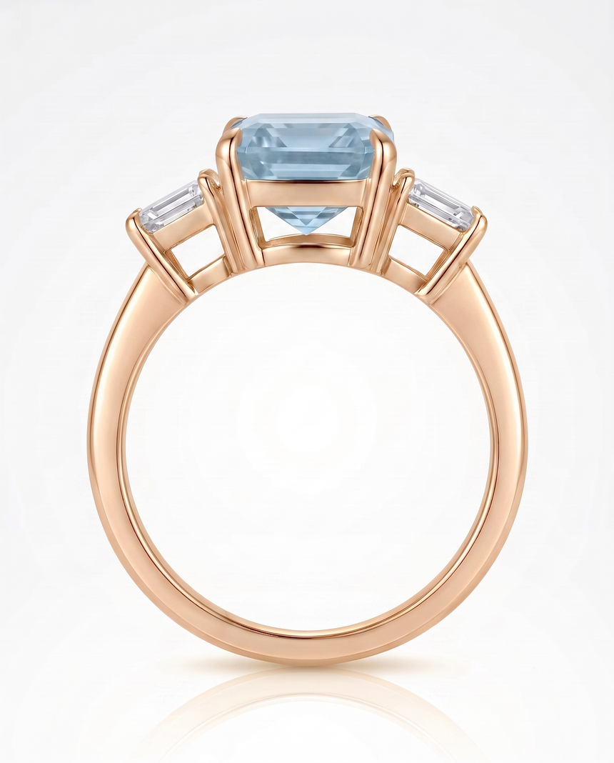 Three stone emerald cut Aquamarine ring setting in 18K Rose Gold with diamond accents | SARATTI