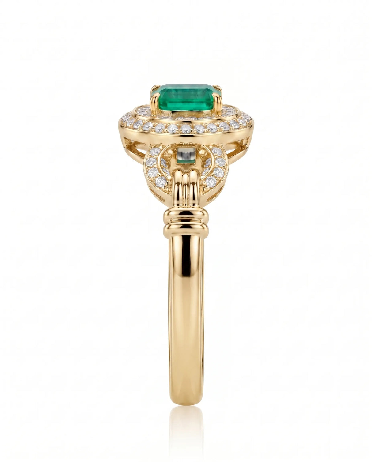 Emerald cut natural emerald ring with diamond halo in 18K Yellow Gold | SARATTI