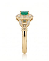 Emerald cut natural emerald ring with diamond halo in 18K Yellow Gold | SARATTI
