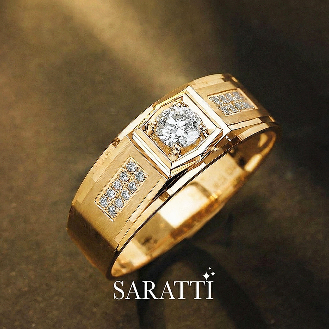 18k yellow gold six paths echelon men’s diamond ring with pavé shoulder panels | SARATTI