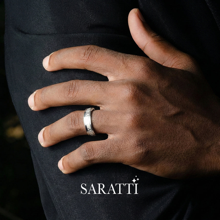 Roman Numeral ring worn on hand in platinum | SARATTI