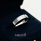 Mens comfort fit wedding band crosshatch pattern design detail in platinum | SARATTI