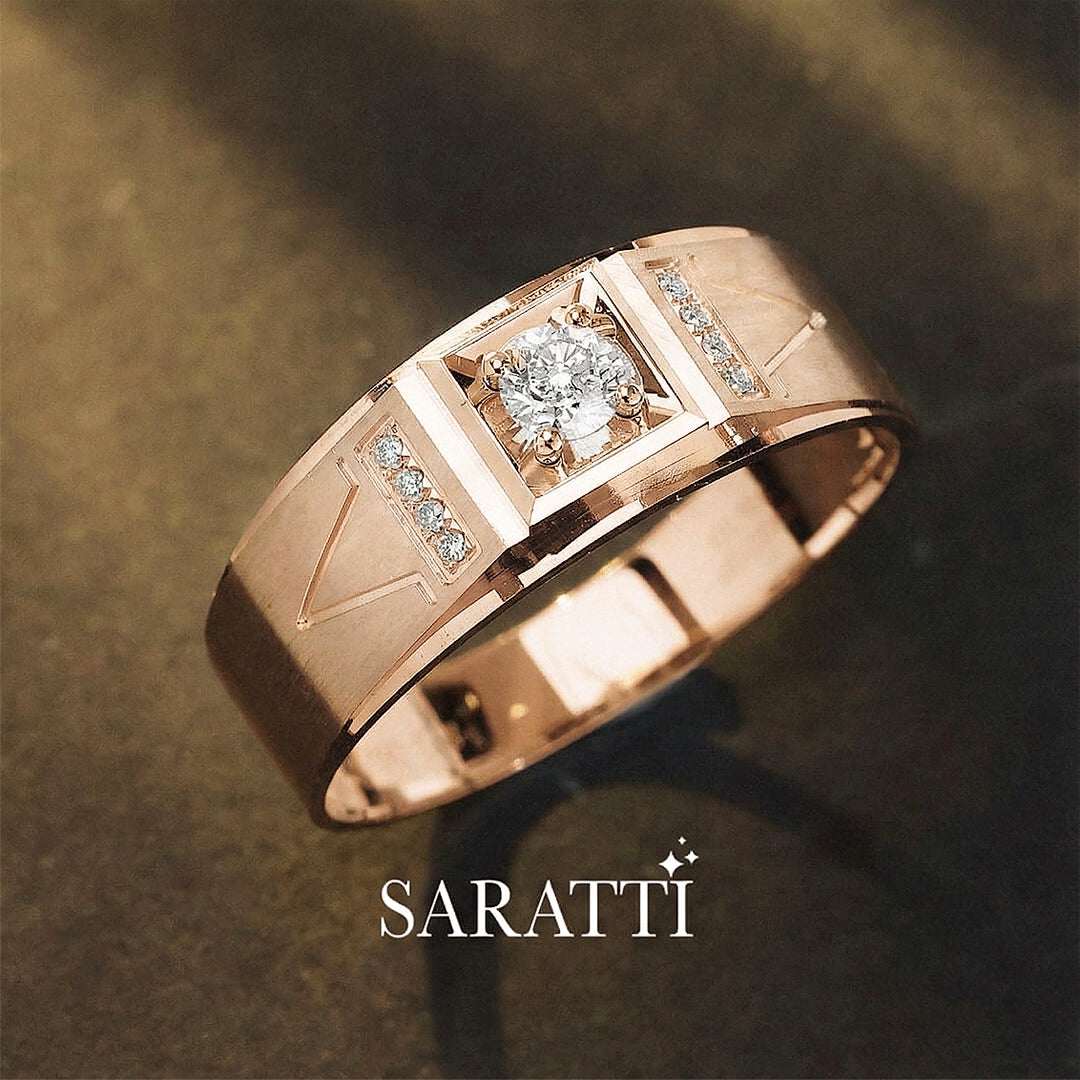 Adamantine Courage diamond ring for men round center stone in 18K rose gold | SARATTI