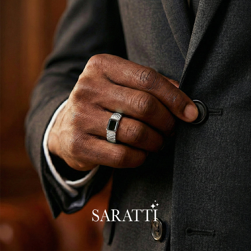 6mm mens wedding band with black diamond worn on hand in platinum | SARATTI