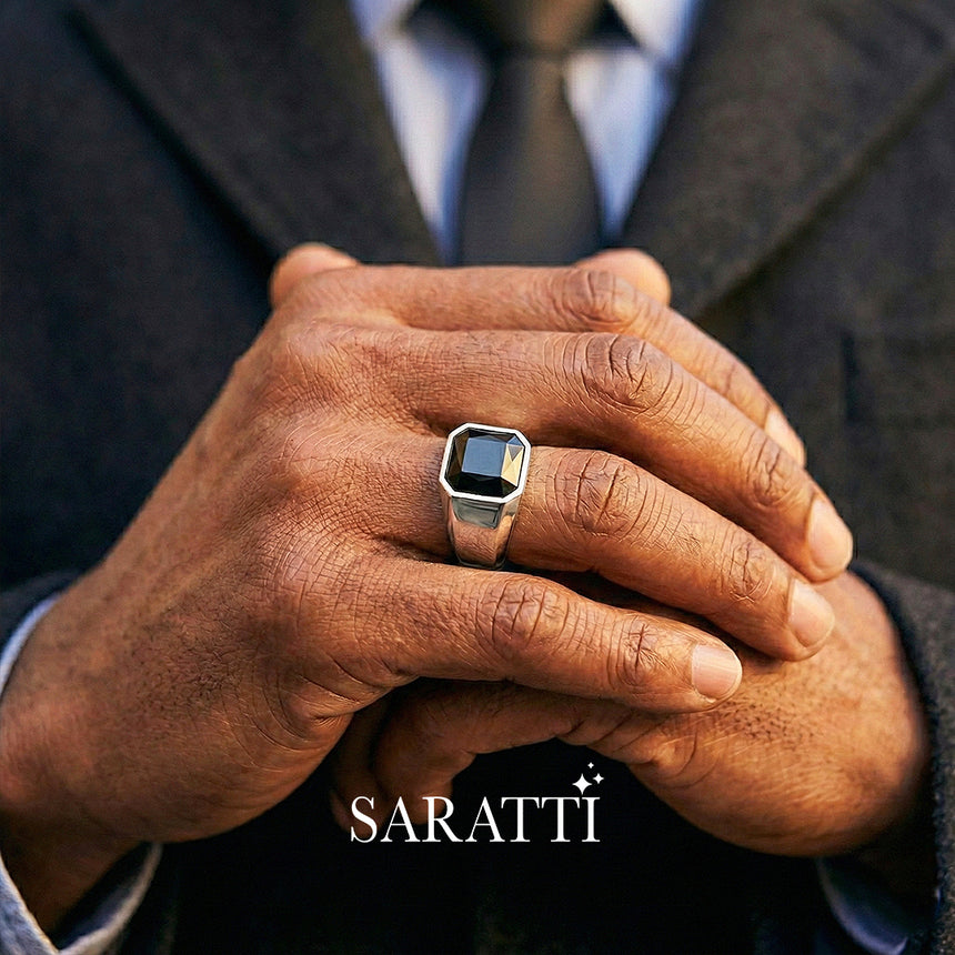 Matte black mens wedding band emerald cut black diamond detail in platinum | SARATTI