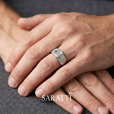 Emerald cut diamond wedding band handcrafted tension set diamond ring in 18K white gold | SARATTI