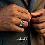 Mens emerald wedding ring handcrafted bezel set emerald ring in 18K white gold | SARATTI